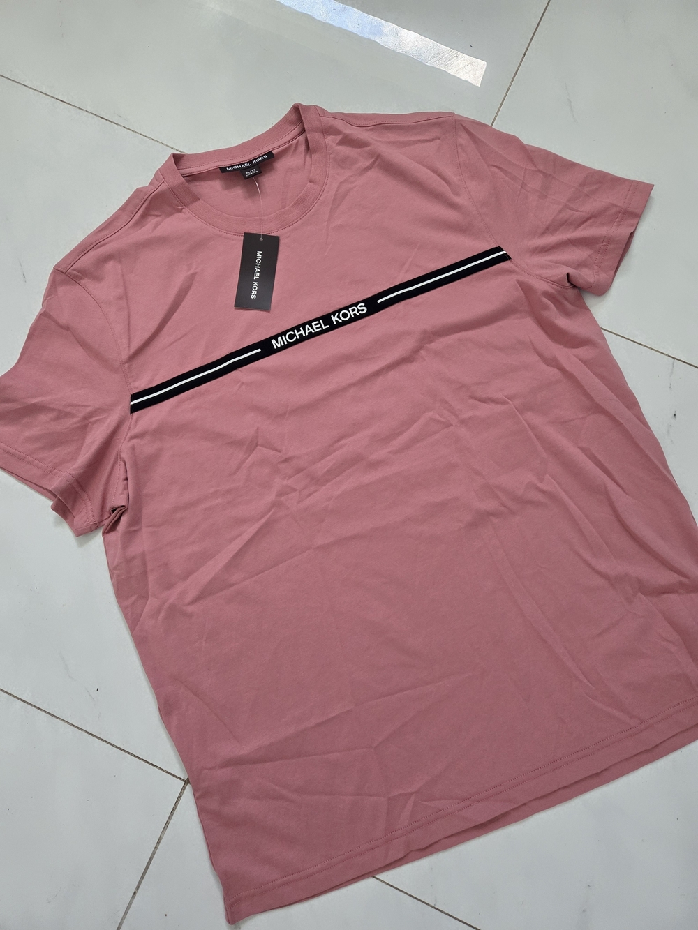 Michael Kors Men’s Pink Logo Stripe Crew T-Shirt